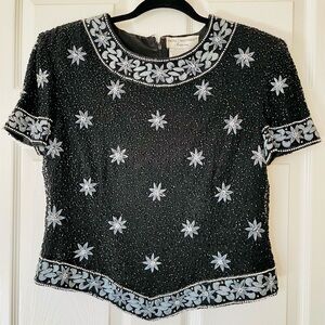 Papell Boutique | Vintage | Black Silk Top | Bead & Embroidery | Y2K